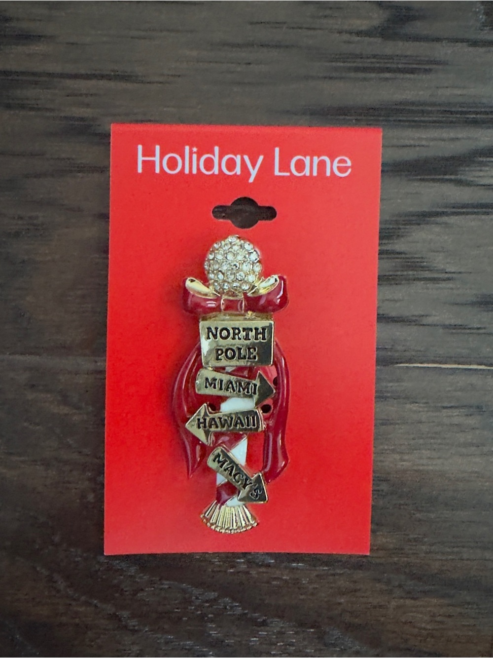 Holiday Lane MACY'S Red Ribbon Directional Brooch with Gold Accents